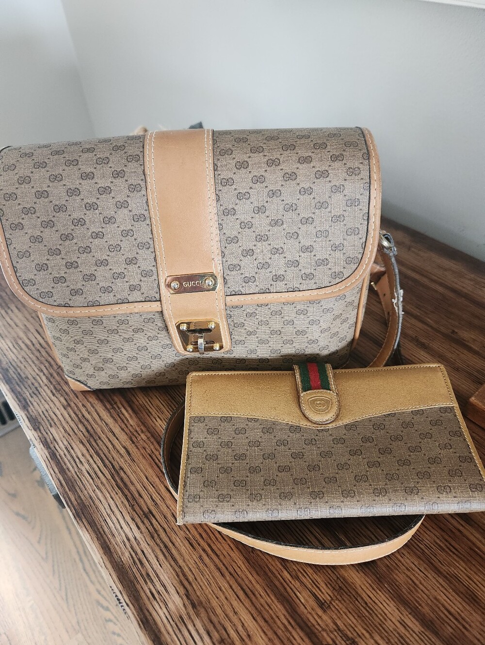 Gucci Beige Tan Monogram Micro GG Vintage Crossbody Bag with Matching Wallet